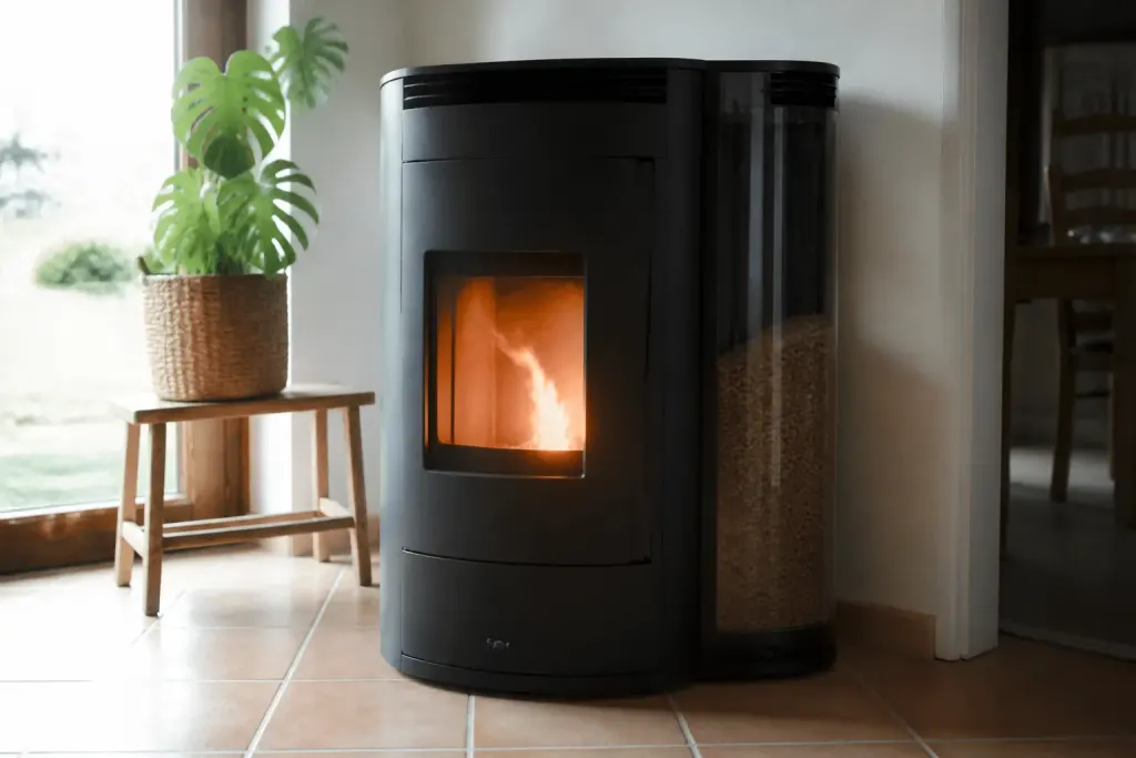 Poele chauffage bois granules avec flammes visibles et reservoir pellets integre