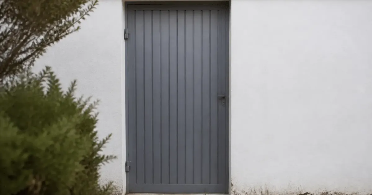 Porte metallique grise fermee sur facade de maison blanche