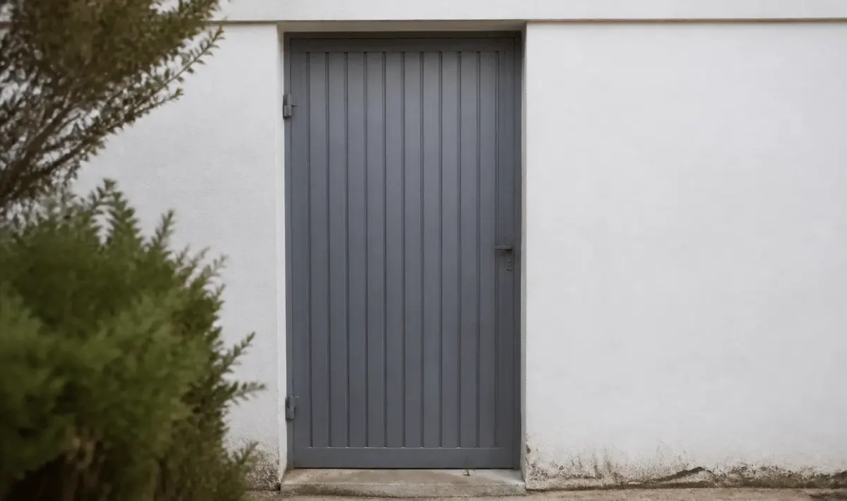 Porte metallique grise fermee sur facade de maison blanche