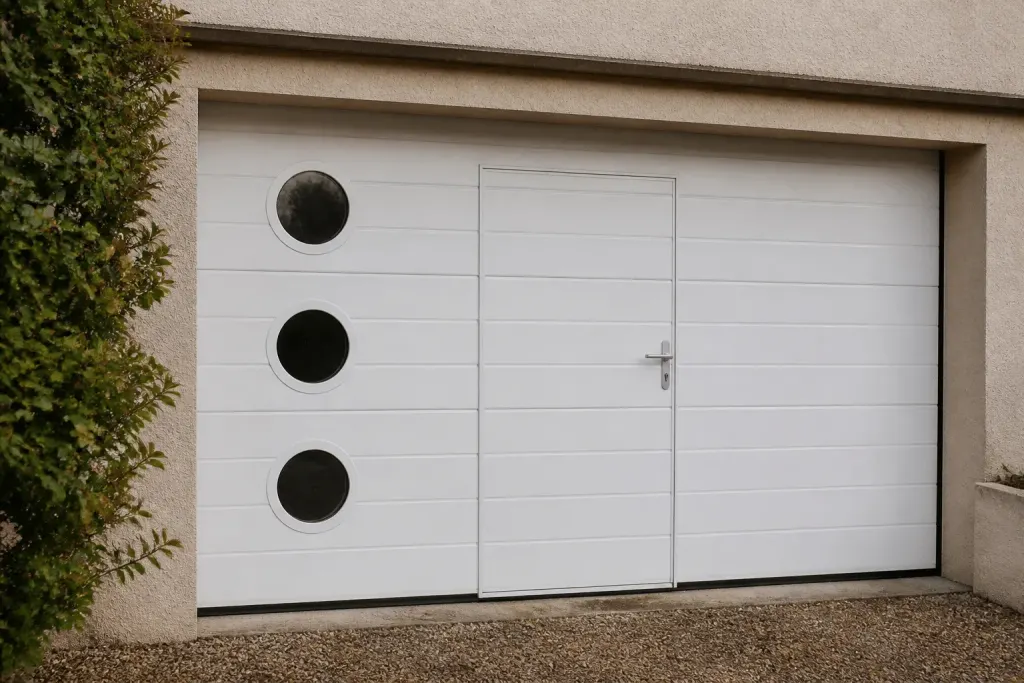 Porte garage blanche avec hublot rond et portillon integre