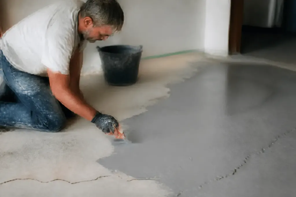 Ouvrier applique apprêt gris sur surface béton fissurée