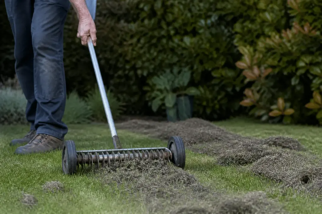 Main préparant sol avec scarificateur et débris visibles