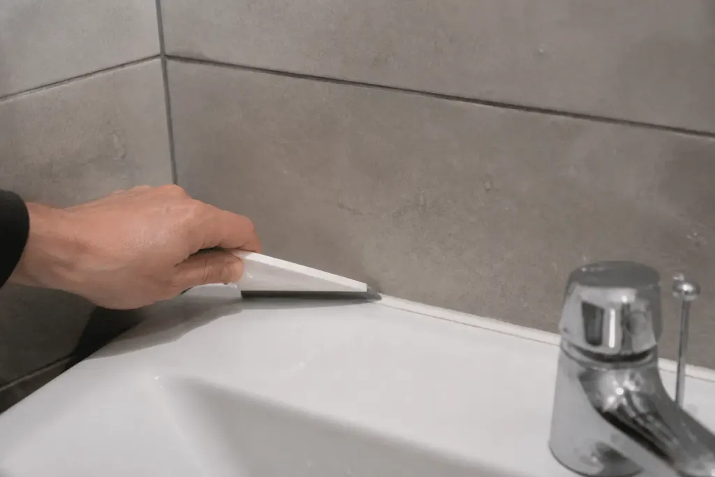 Main avec raclette essuyant joints silicone humides salle bain