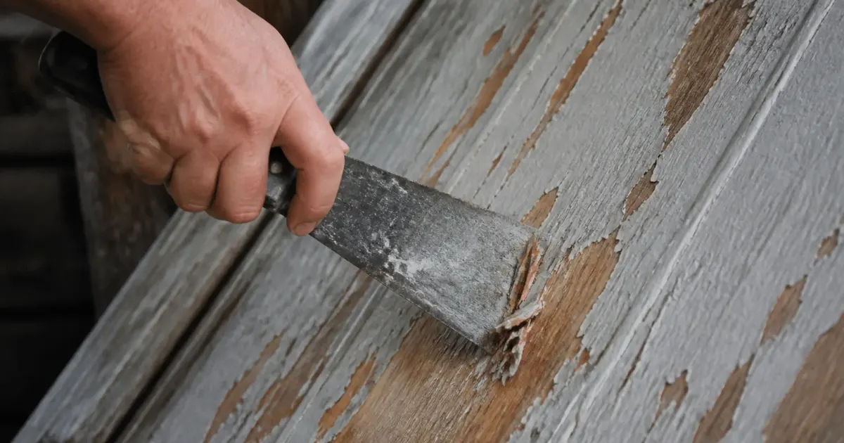Racloir enleve couche peinture surface bois inclinee