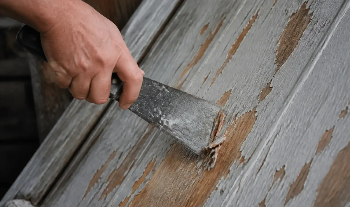 Racloir enleve couche peinture surface bois inclinee