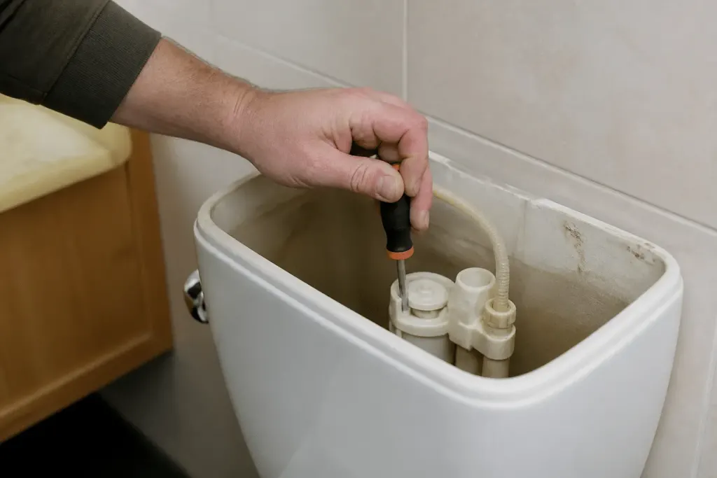 Main ouvrier réparant mécanisme toilettes avec tournevis