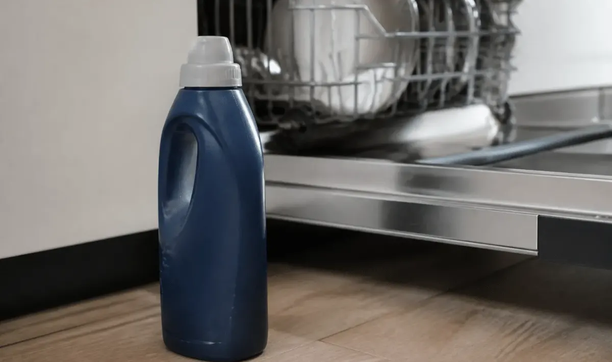 Bouteille de produit de rinçage posée près d'un lave-vaisselle ouvert