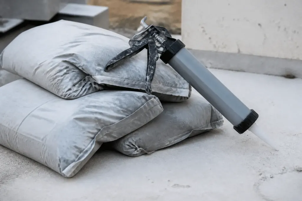 Sacs ciment gris et cartouche mortier applicateur pistolet
