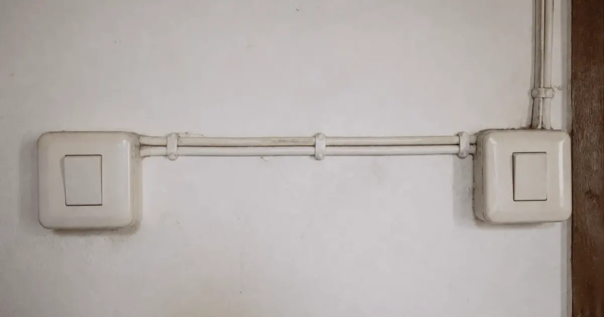 Deux interrupteurs muraux connectes par fils electriques horizontaux