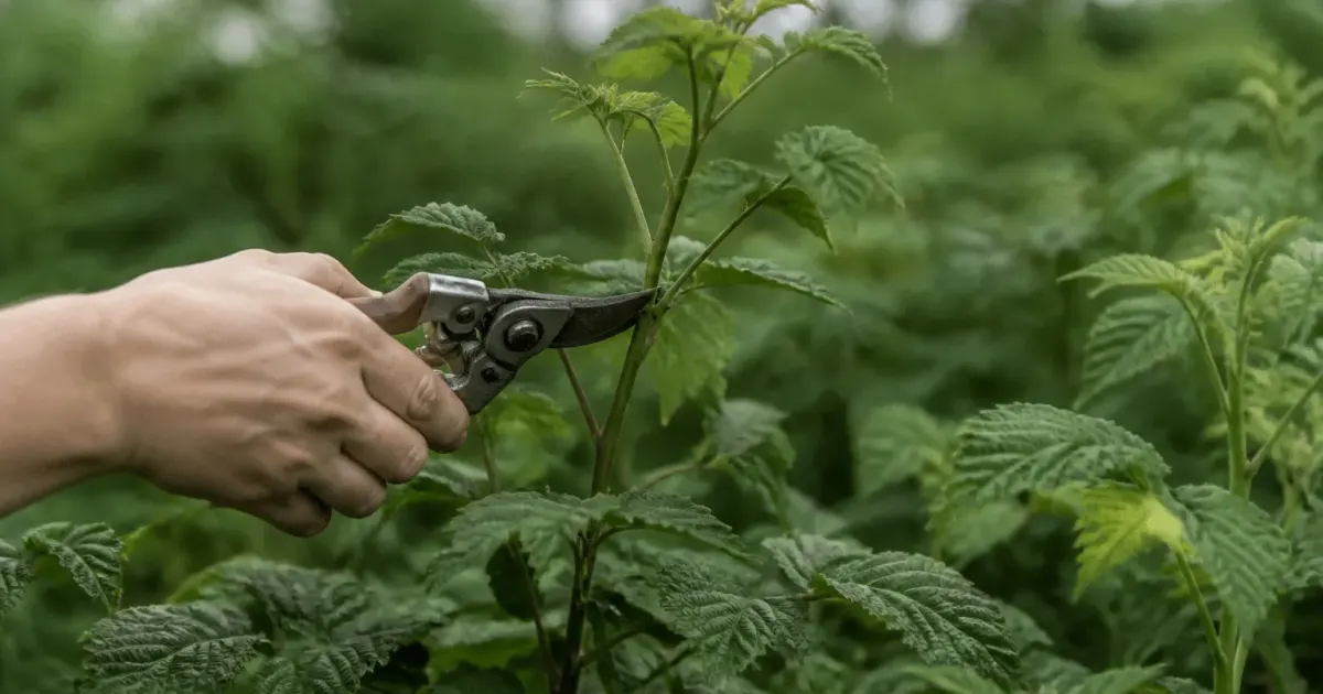 Secateur coupant branches de framboisier en croissance verticale
