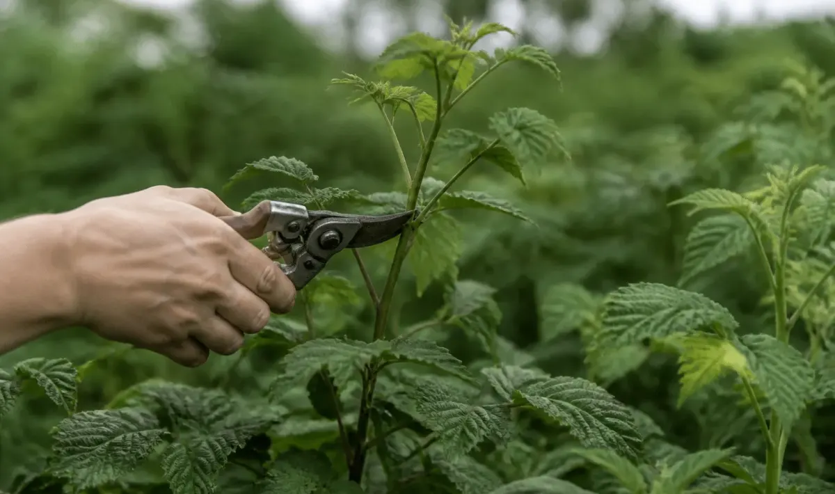 Secateur coupant branches de framboisier en croissance verticale