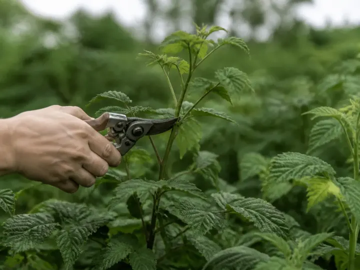 Secateur coupant branches de framboisier en croissance verticale