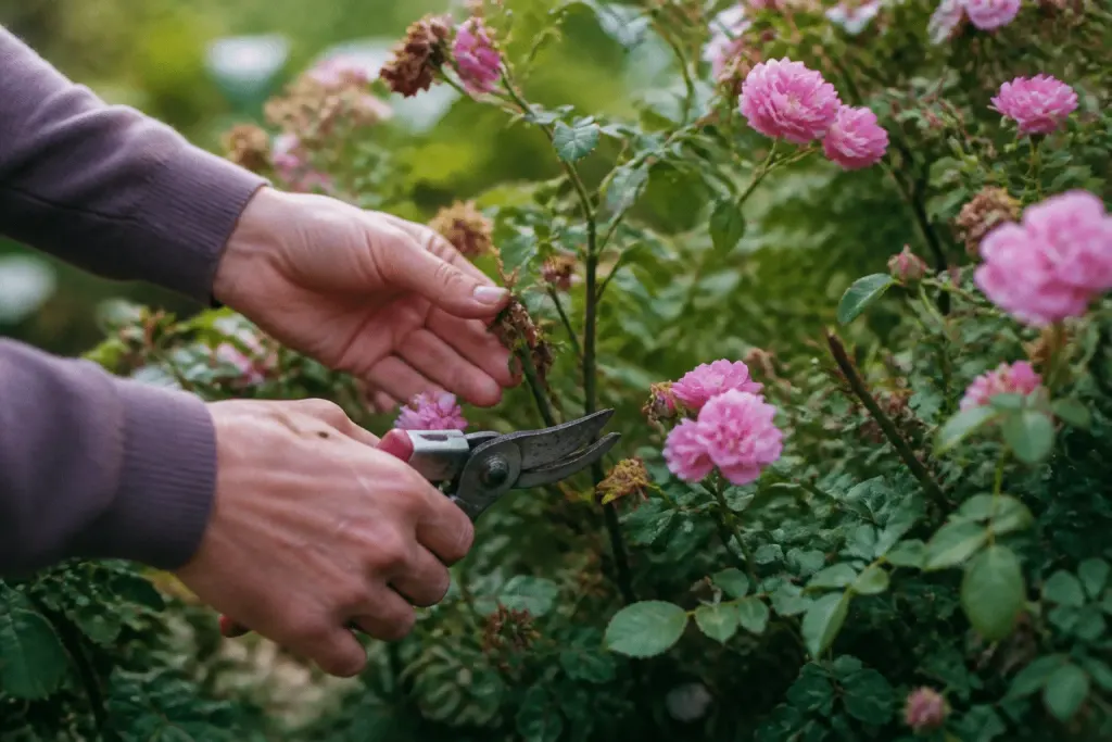 Mains avec sécateur coupant branches mortes arbuste fleurs roses
