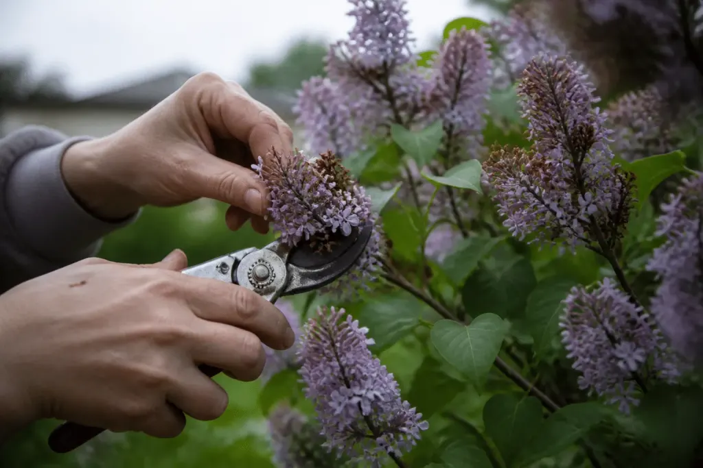 Mains coupant fleurs fanées lilas avec sécateur