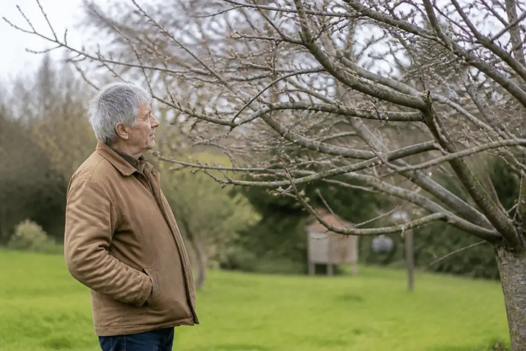 Jardinier observant branches denses cerisier avant elagage