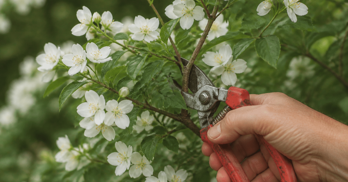 Secateurs coupant branches blanches arbuste philadelphe