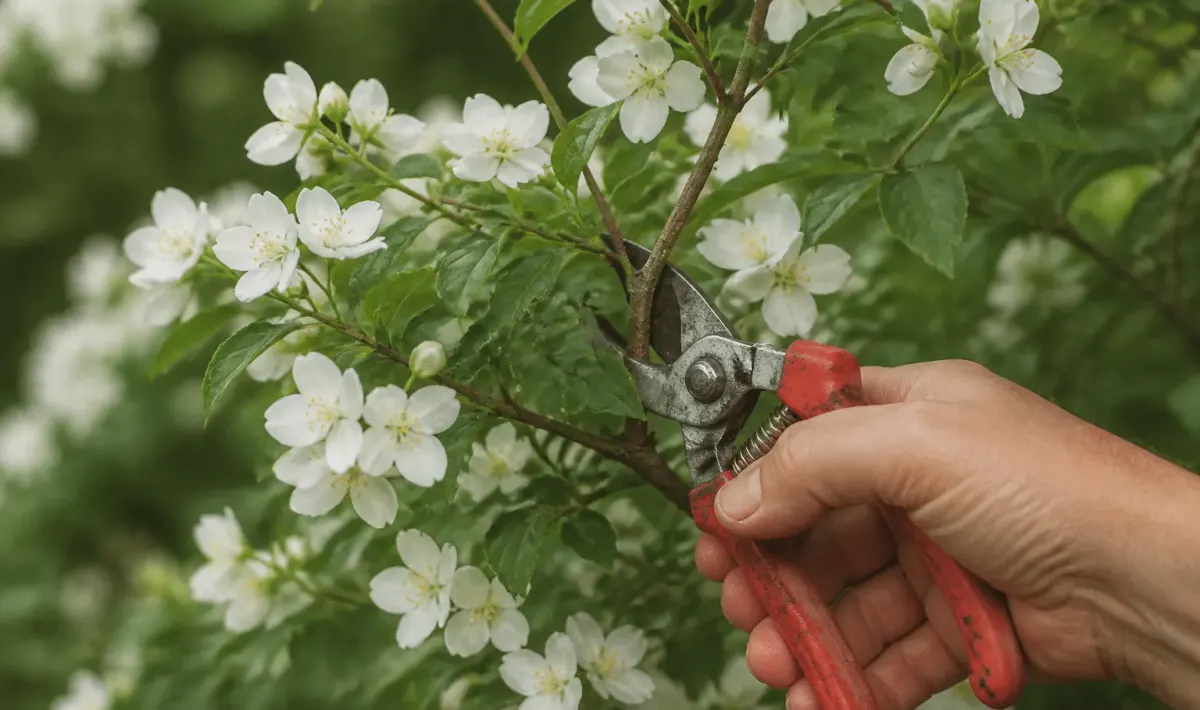 Secateurs coupant branches blanches arbuste philadelphe