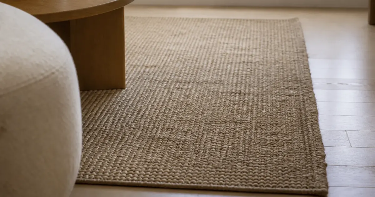 Tapis tissé en fibres naturelles beiges posé sur plancher