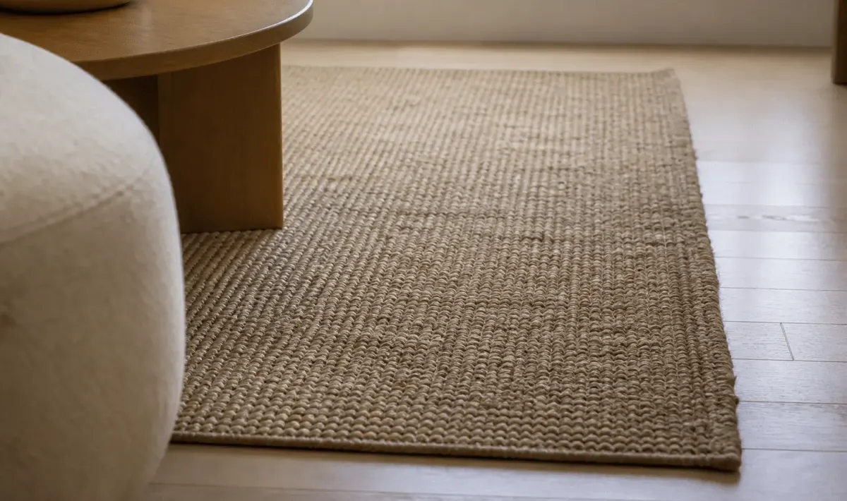 Tapis tissé en fibres naturelles beiges posé sur plancher