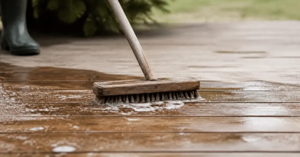 Brosse en bois frottant une terrasse en planches horizontales