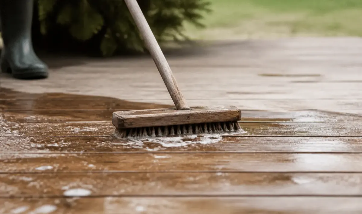 Brosse en bois frottant une terrasse en planches horizontales