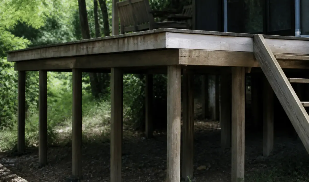 Plateforme surélevée en bois soutenue par des poteaux verticaux