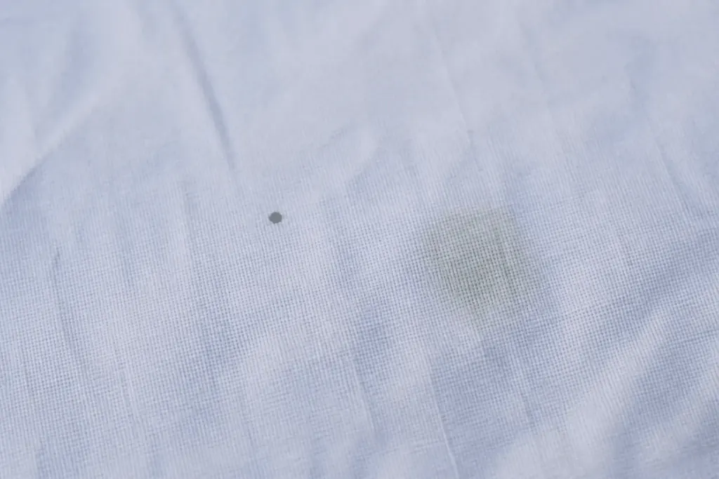 Point brun-rouge sur tissu blanc comparé à tache verdâtre diffuse