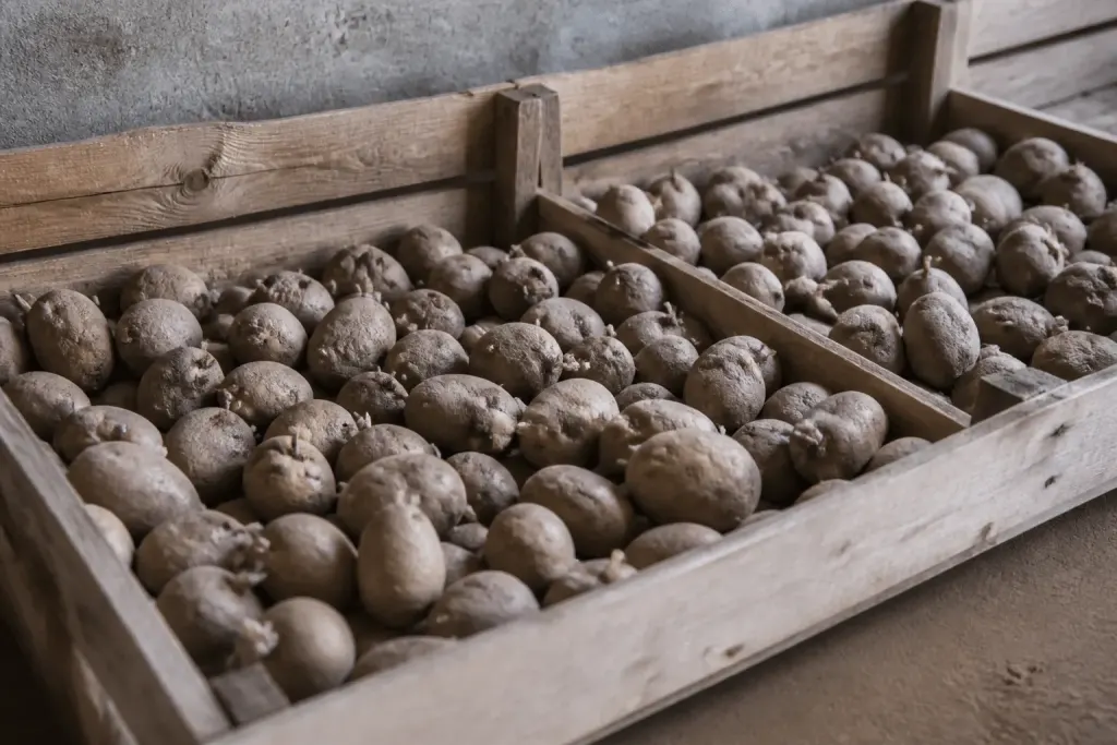 Tubercules germes disposes dans lumiere froide avant plantation