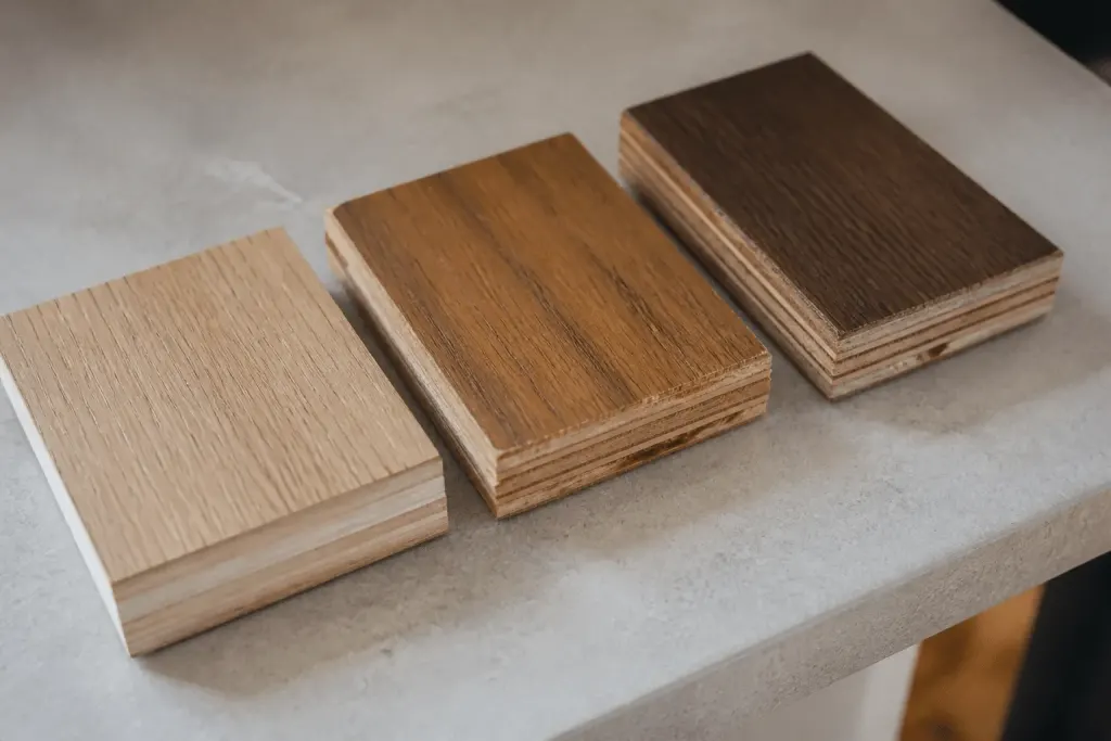 Trois echantillons bois montrant couches differentes parquet salle bain