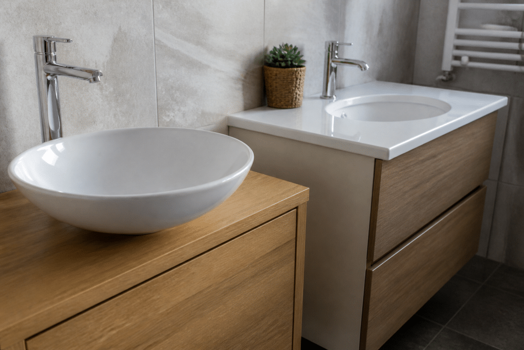 Vasque posee et vasque encastree comparees sur meubles