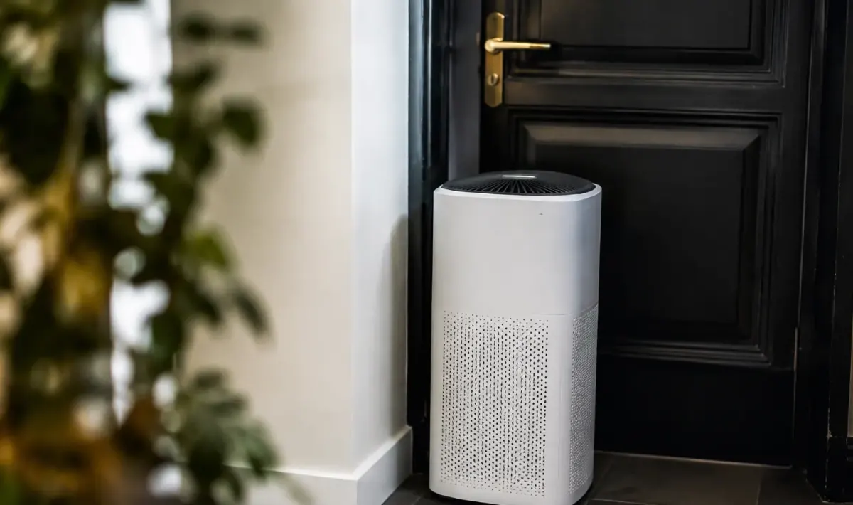 Appareil blanc debout contre une porte de palier sombre