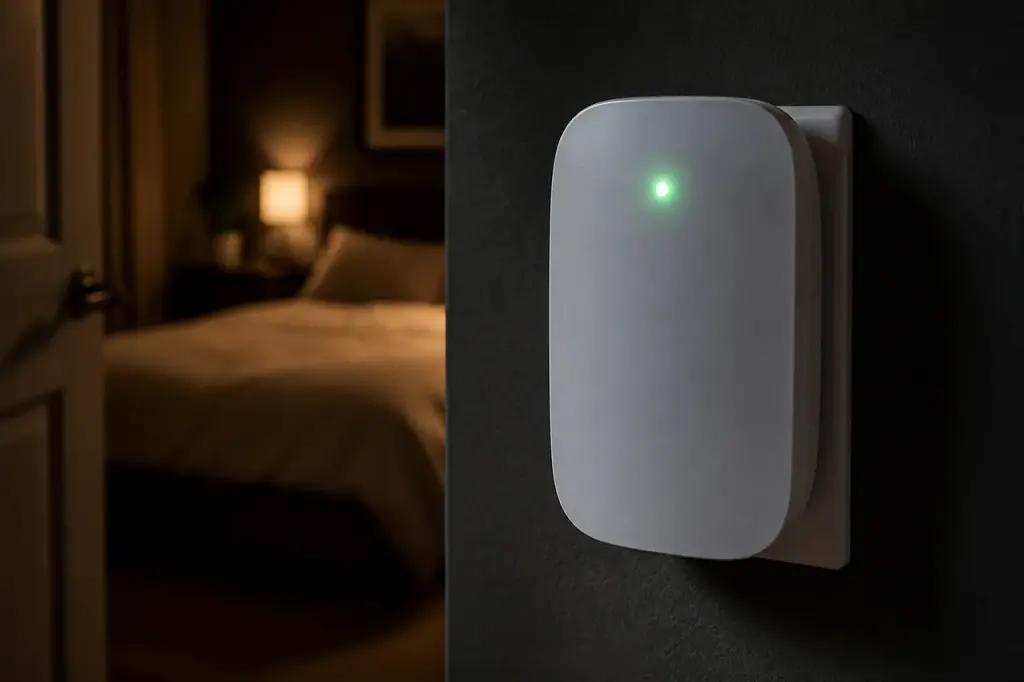 Appareil blanc avec voyant vert dans chambre sombre