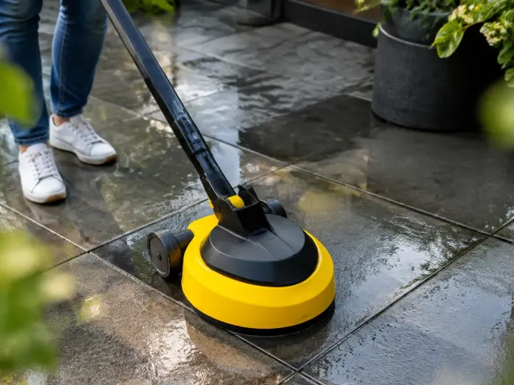 Appareil de lavage incline vers dalles grises humides