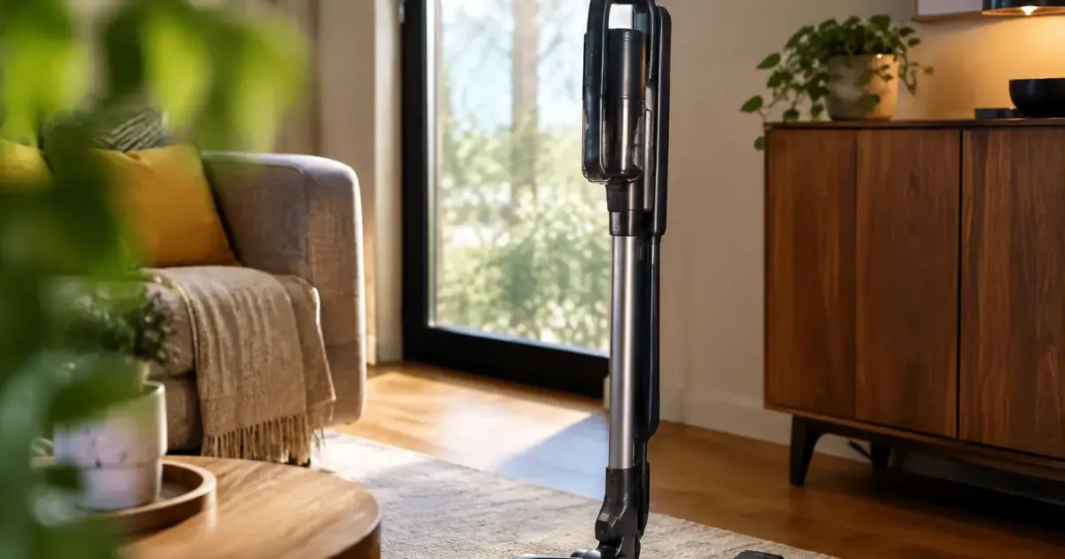 Aspirateur balai debout, batterie amovible posee au sol