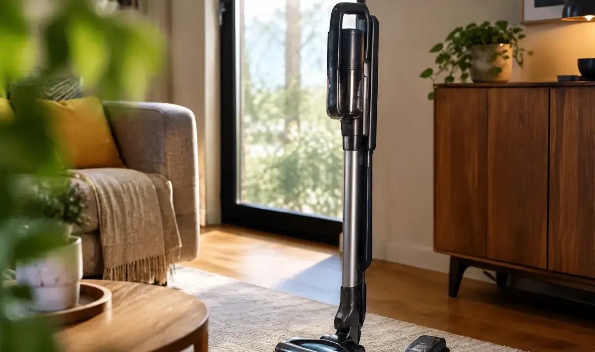 Aspirateur balai debout, batterie amovible posee au sol