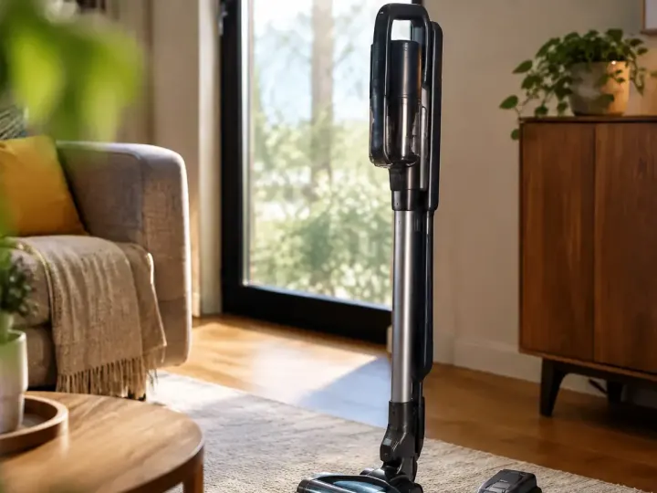 Aspirateur balai debout, batterie amovible posee au sol