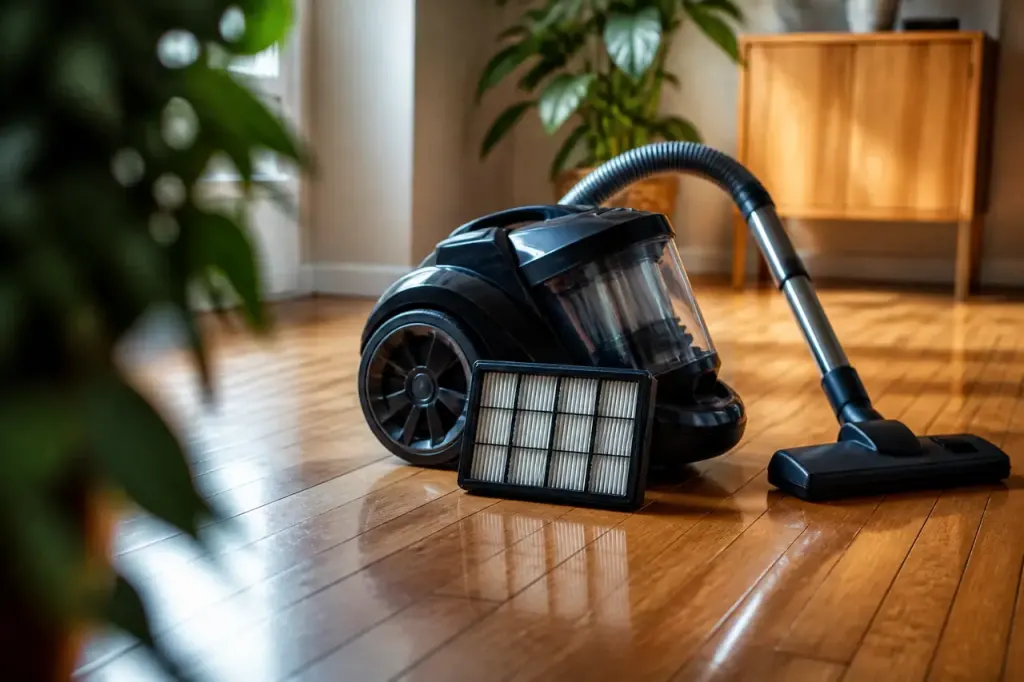 Aspirateur et filtre propre posés sur un parquet
