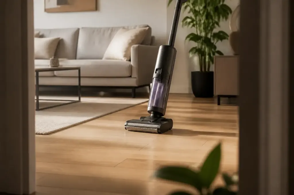 Aspirateur laveur roulant sur parquet clair dans salon