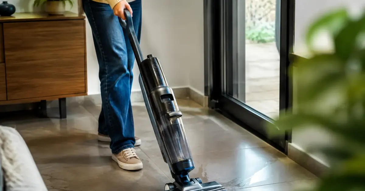 Aspirateur laveur sans fil debout sur carrelage
