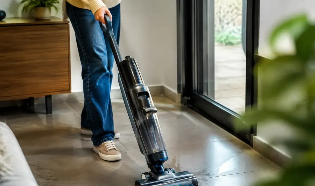 Aspirateur laveur sans fil debout sur carrelage