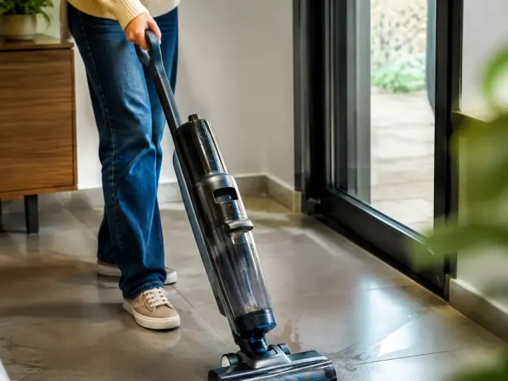 Aspirateur laveur sans fil debout sur carrelage