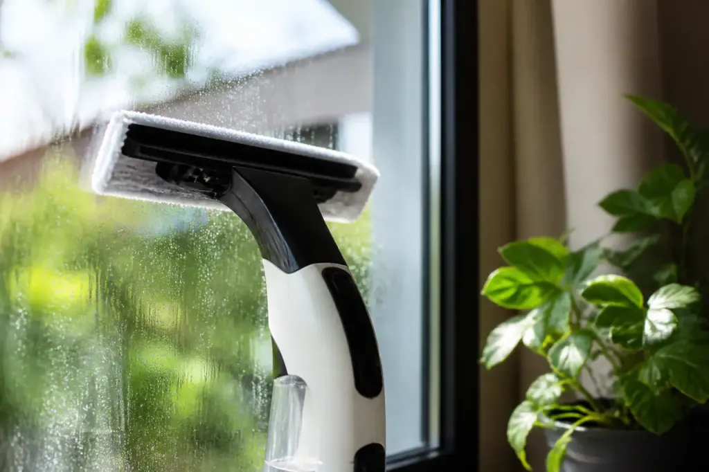 Aspirateur a vitres avec bonnette microfibre humide