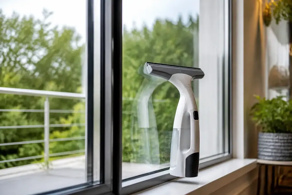 Aspirateur a vitres pose sur une grande baie vitree