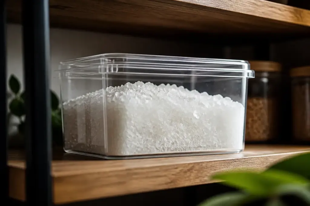 Bac transparent rempli de cristaux blancs sur une etagere
