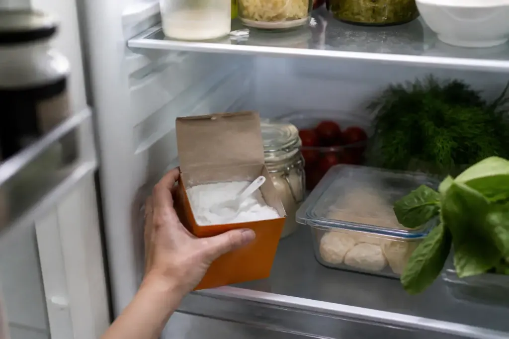 Boite de bicarbonate ouverte dans un frigo blanc