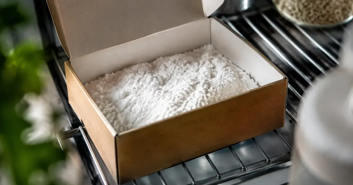Boite ouverte remplie de poudre blanche sur clayette metallique