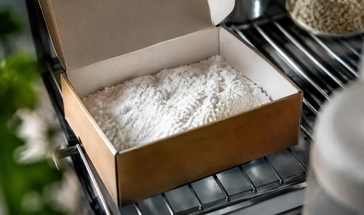 Boite ouverte remplie de poudre blanche sur clayette metallique