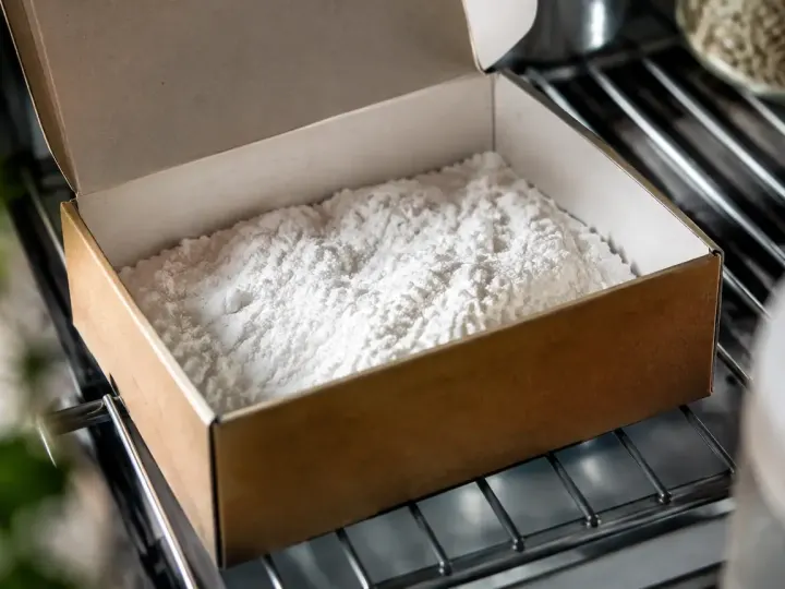 Boite ouverte remplie de poudre blanche sur clayette metallique
