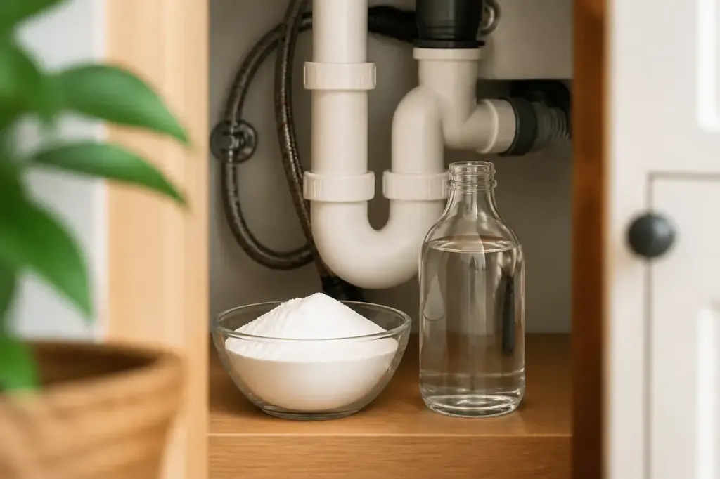 Bol de bicarbonate et vinaigre blanc pres du siphon