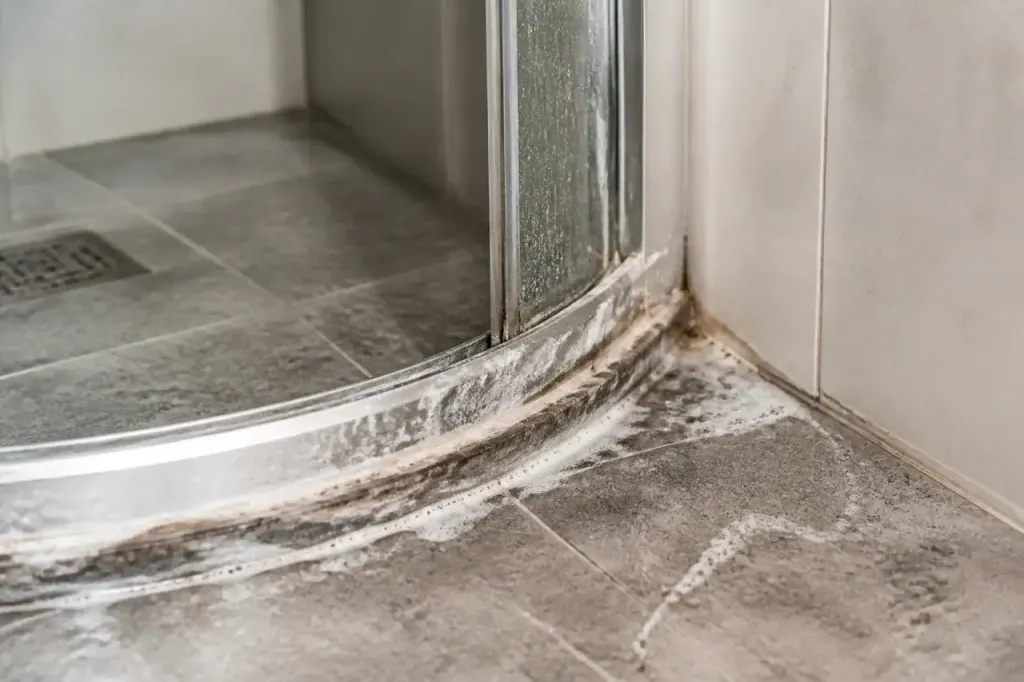 Bonde de douche encrassee et mousse blanche sur carrelage